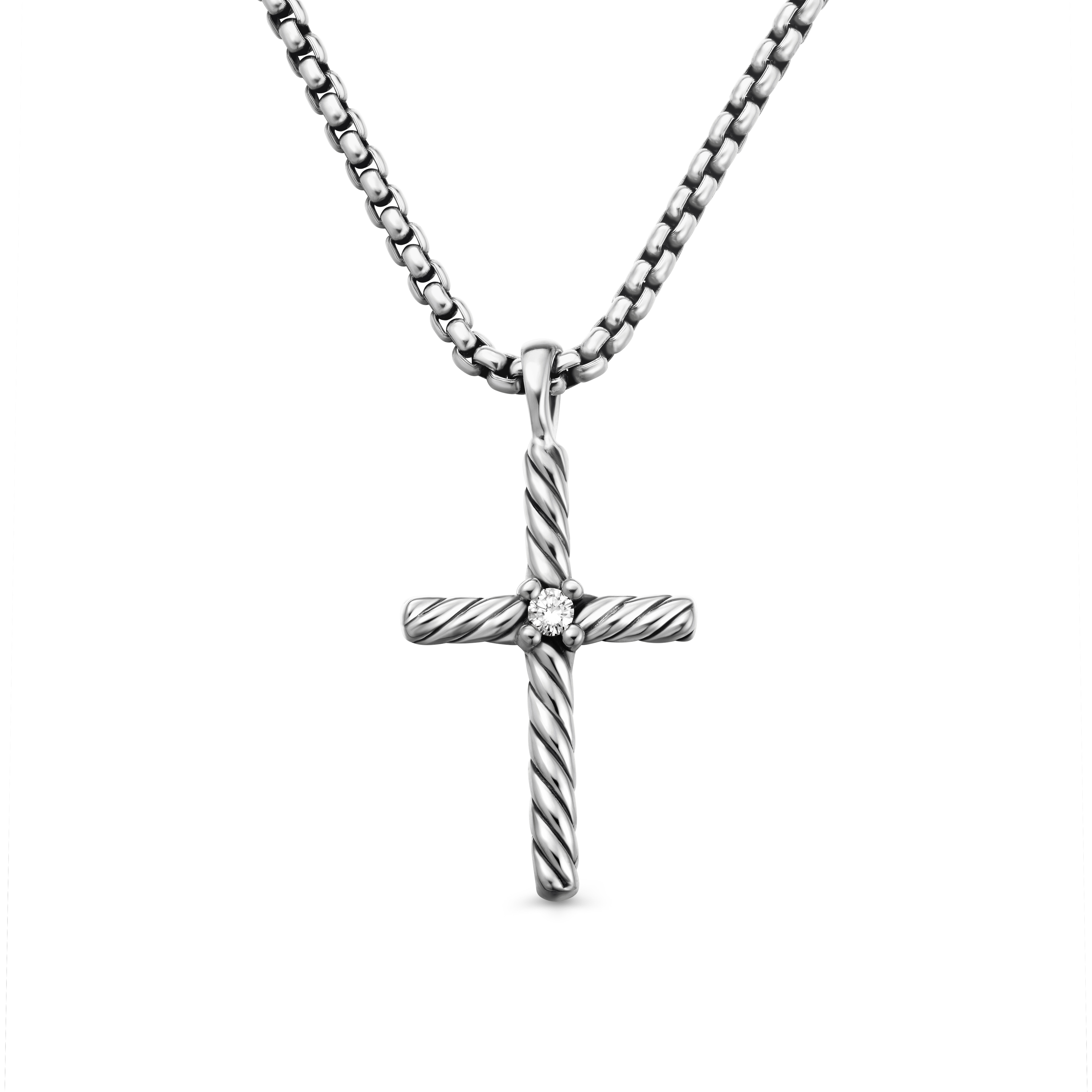 Classic Cable Cross Necklace in Sterling Silver with Center Diamond, 24.3mm Classic Cable Cross Necklace in Sterling Silver with Center Diamond, 24.3mm