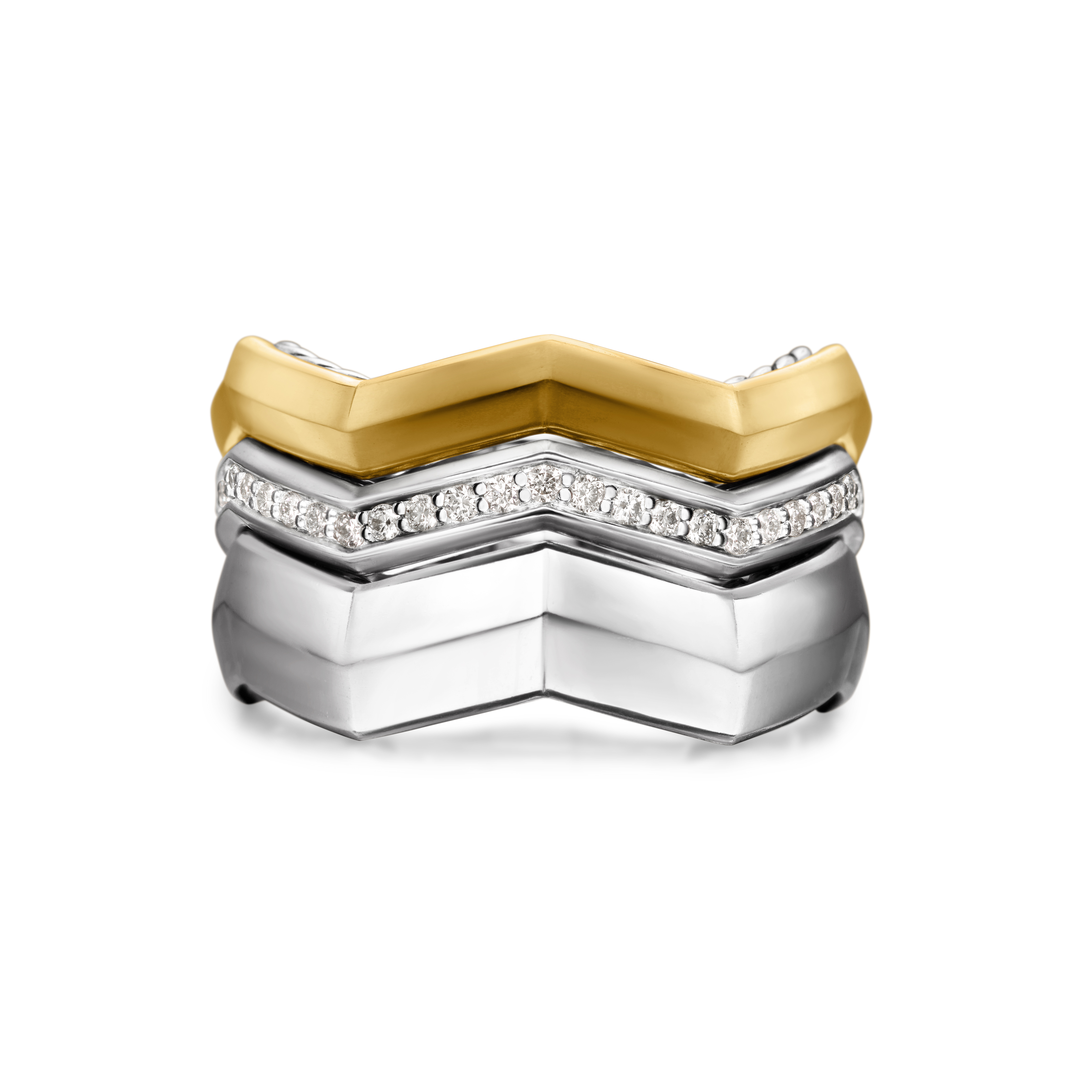 Zig Zag Stax™ Three Row Ring in Sterling Silver with 18K Yellow Gold and Diamonds, 11.7mm Zig Zag Stax™ Three Row Ring in Sterling Silver with 18K Yellow Gold and Diamonds, 11.7mm