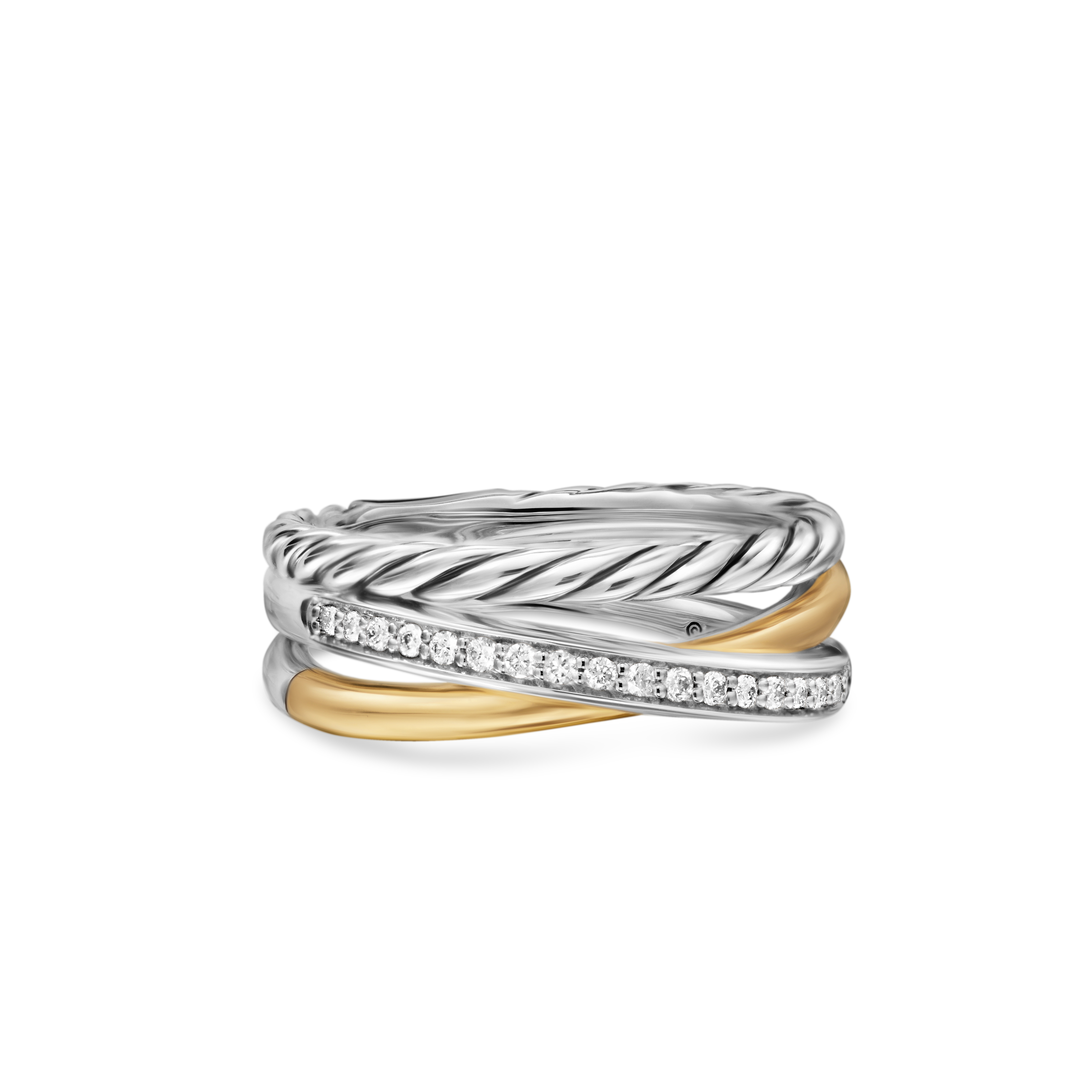 Crossover Three Row Ring in Sterling Silver with 18K Yellow Gold and Diamonds, 7mm Crossover Three Row Ring in Sterling Silver with 18K Yellow Gold and Diamonds, 7mm