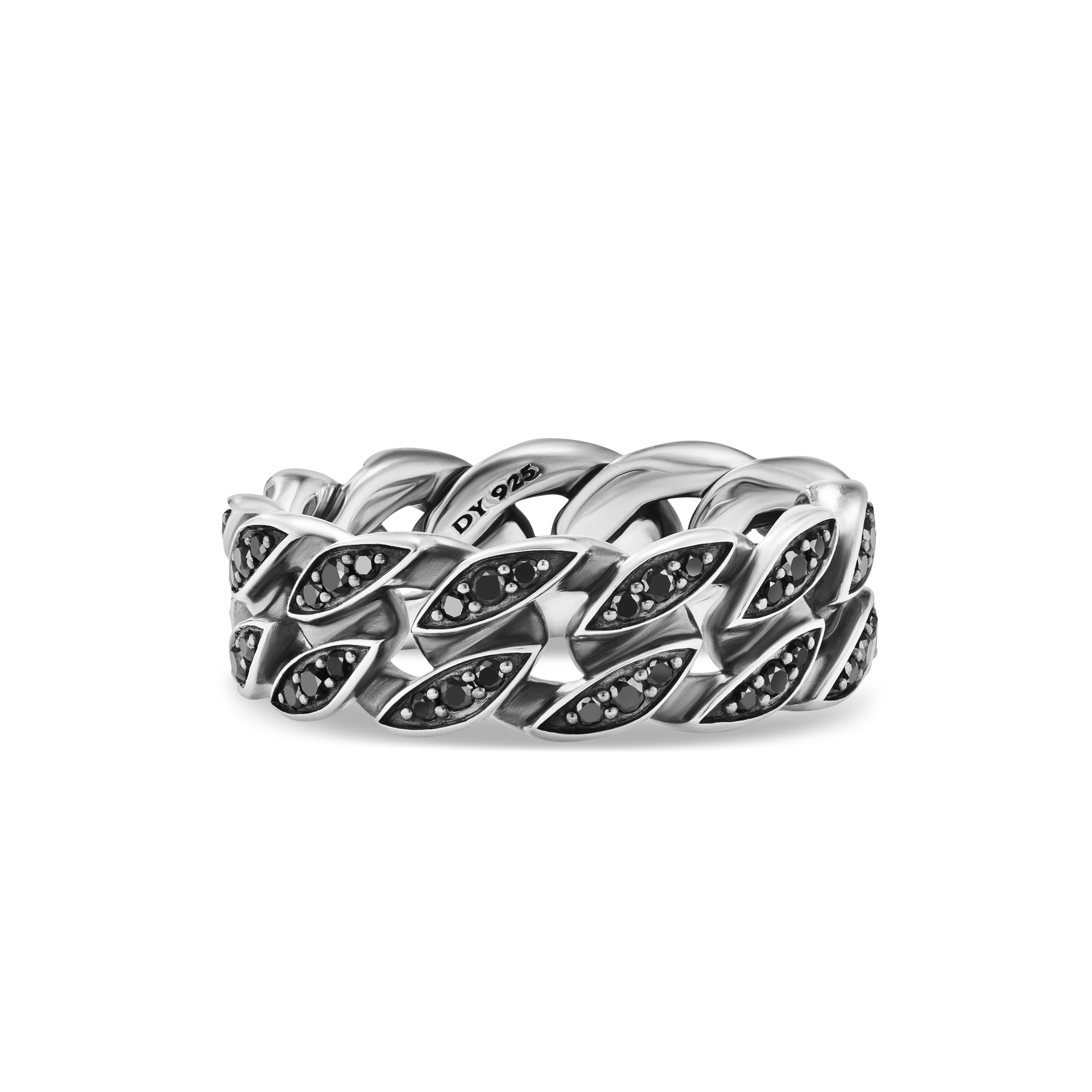 Curb Chain Band Ring in Sterling Silver with Black Diamonds, 8mm Curb Chain Band Ring in Sterling Silver with Black Diamonds, 8mm