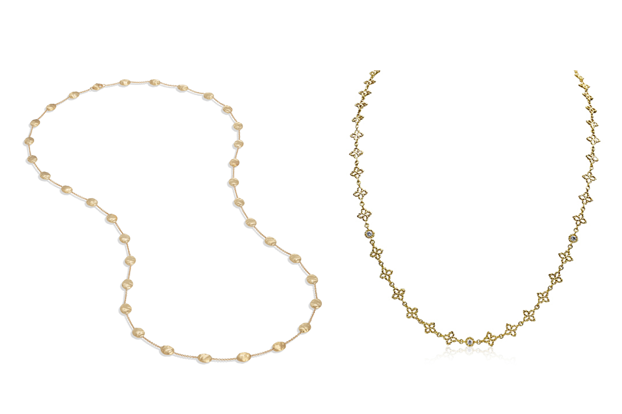 Two elegant yellow gold chain necklaces, one from Roberto Coin and the other from Marco Bicego, both available at Alson Jewelers. Two elegant yellow gold chain necklaces, one from Roberto Coin and the other from Marco Bicego, both available at Alson Jewelers.