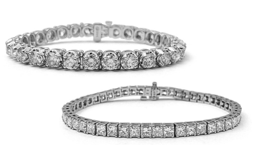 Two stunning diamond tennis bracelets, one with round diamonds and the other with princess cut diamonds, both available at Alson Jewelers. Two stunning diamond tennis bracelets, one with round diamonds and the other with princess cut diamonds, both available at Alson Jewelers.