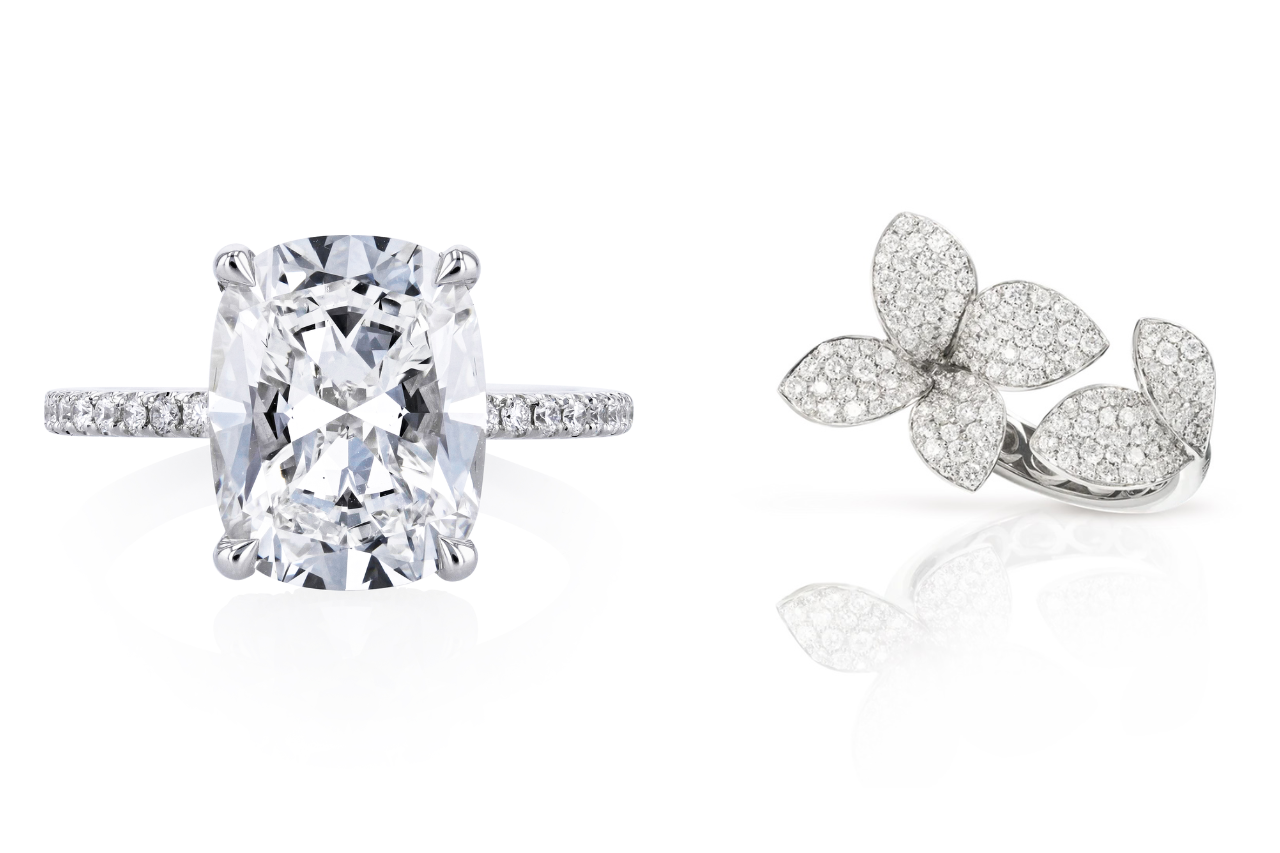 A dazzling engagement ring from the Alson Signature Collection and a distinctive Pasquale Bruni floral ring, both available at Alson Jewelers. A dazzling engagement ring from the Alson Signature Collection and a distinctive Pasquale Bruni floral ring, both available at Alson Jewelers.