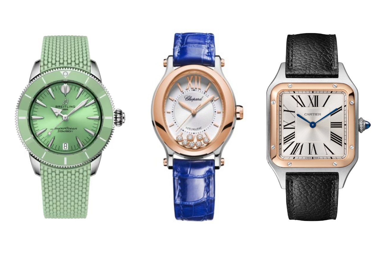 A view of three designer watches: a Breitling Superocean Heritage watch, a Chopard Happy Sport watch, and a Cartier Santos-Dumont watch, all available at Alson Jewelers.