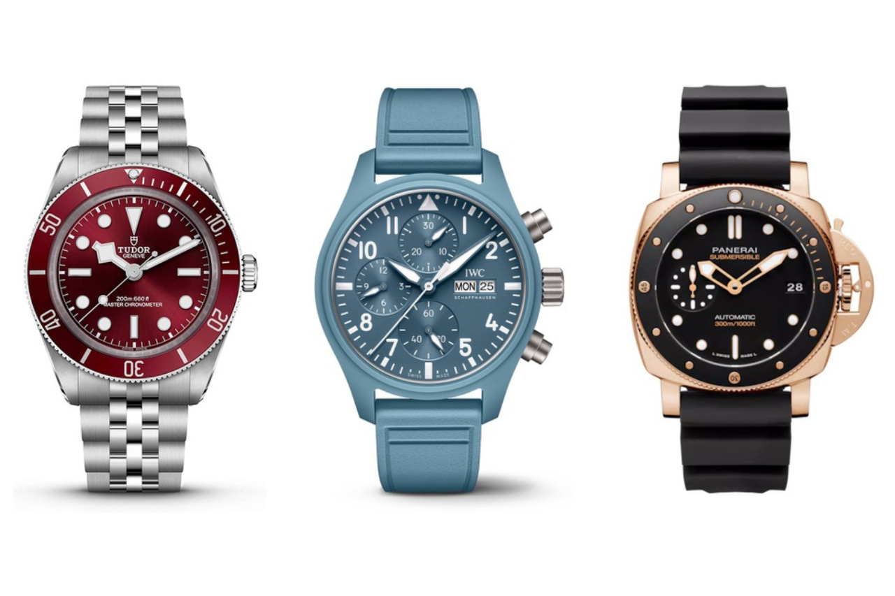 A view of three designer watches: a TUDOR Black Bay watch, a Top Gun Miramar pilot’s watch from IWC Schaffhausen, and a Panerai Submersible watch, all available at Alson Jewelers.